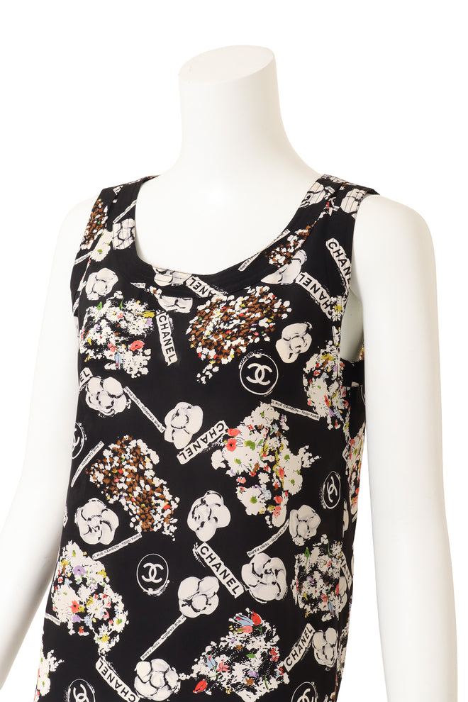 Vintage Chanel Camellia Logo Print Silk Tank Top on mannequin close @ Recess LA