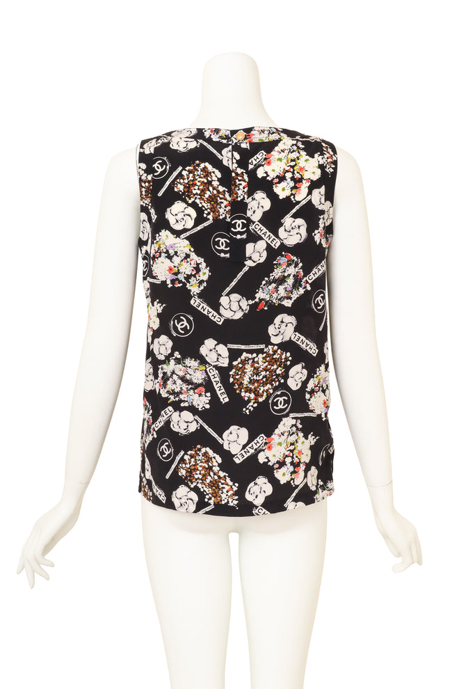 Vintage Chanel Camellia Logo Print Silk Tank Top on mannequin back @ Recess LA