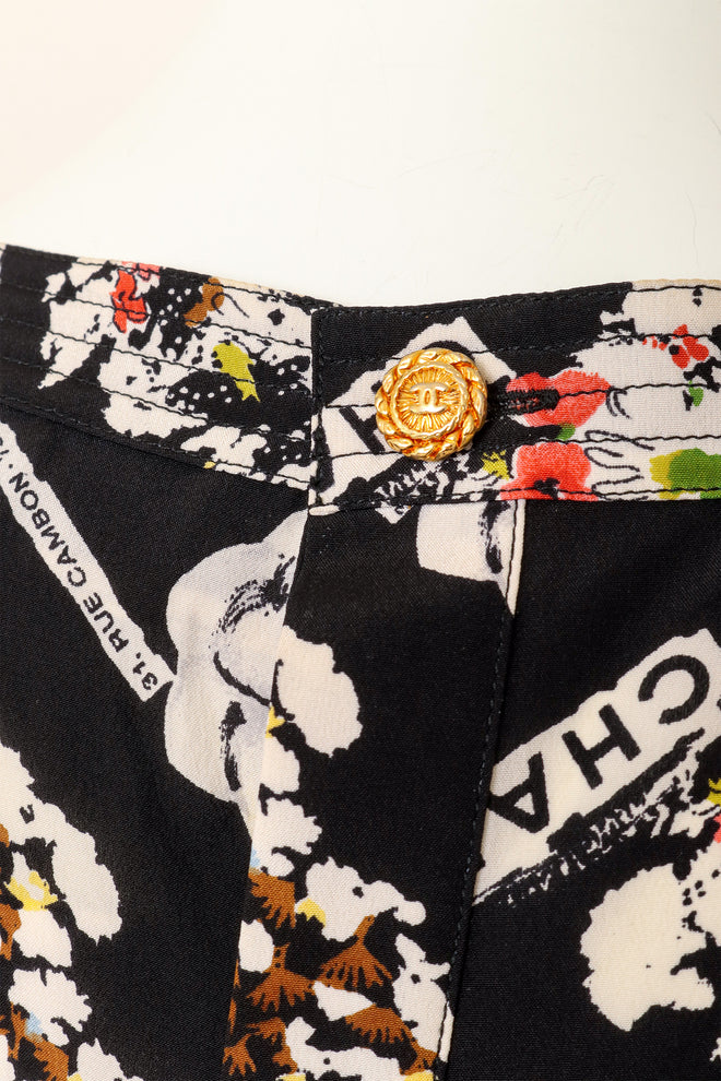 Vintage Chanel Camellia Logo Print Silk Tank Top print and button close @ Recess LA