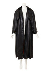 Vintage Gianni Versace Shearling Collar Leather Trench on mannequin open @ Recess LA