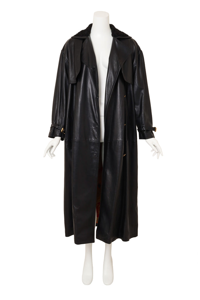 Vintage Gianni Versace Shearling Collar Leather Trench on mannequin open @ Recess LA