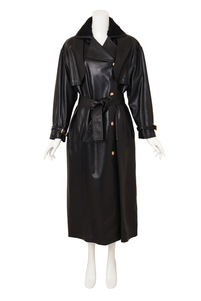 Vintage Gianni Versace Shearling Collar Leather Trench on mannequin @ Recess LA