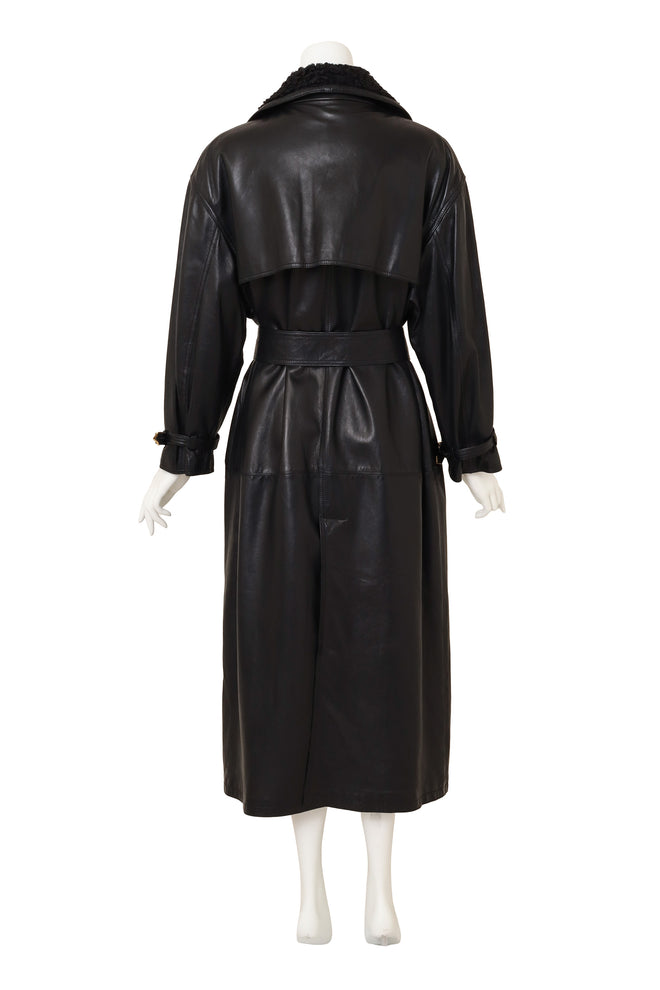 Vintage Gianni Versace Shearling Collar Leather Trench on mannequin back @ Recess LA