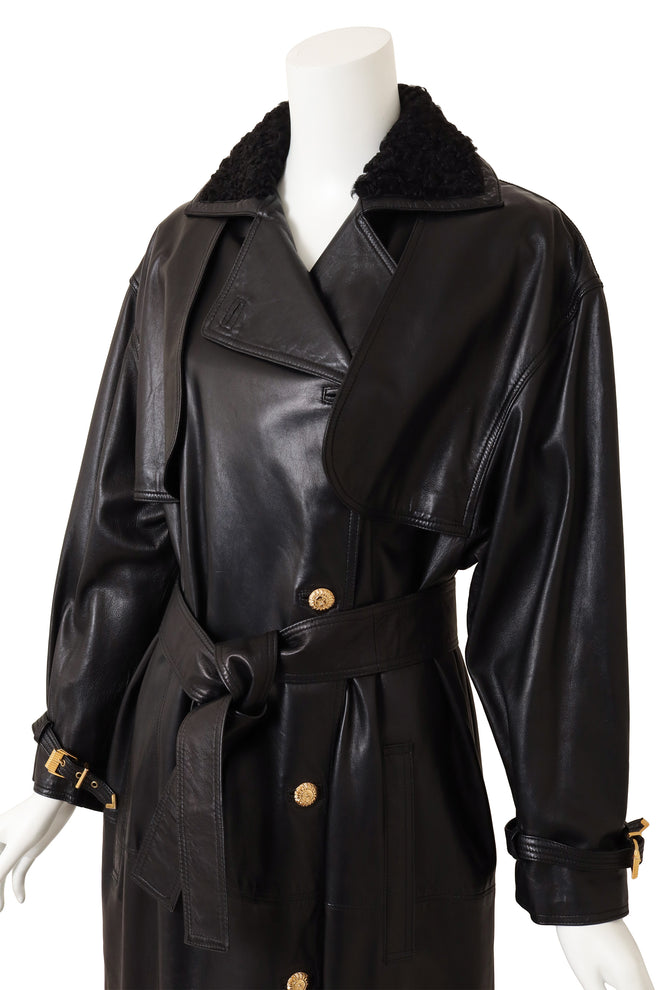 Vintage Gianni Versace Shearling Collar Leather Trench on mannequin close @ Recess LA