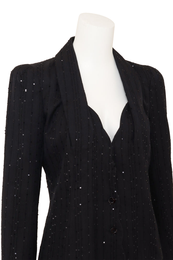 Vintage John Galliano Sequin Pinstripe Corset Blazer on mannequin close @ Recess LA