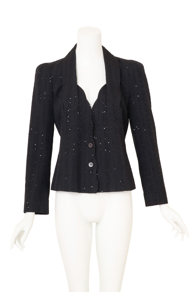 Vintage John Galliano Sequin Pinstripe Corset Blazer on mannequin @ Recess LA
