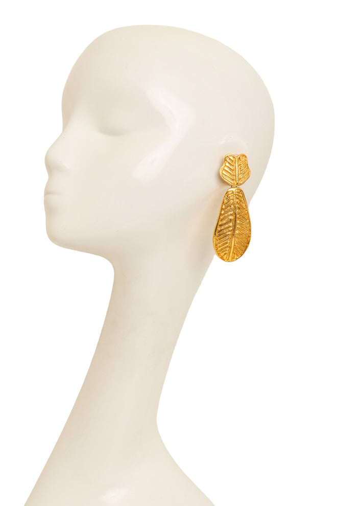 Vintage Sonia Rykiel Carved Leaf Drop Earrings on mannequin @ Recess LA