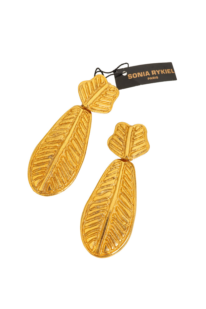 Vintage Sonia Rykiel Carved Leaf Drop Earrings flat with tag @ Recess LA