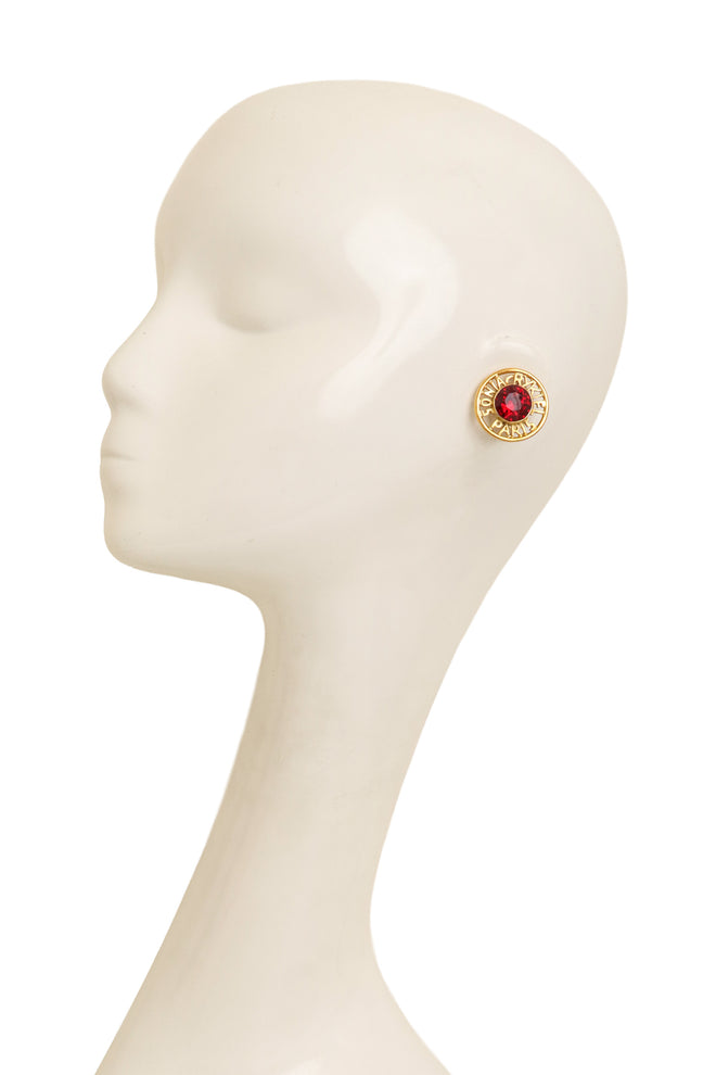 Vintage Sonia Rykiel Crystal Logo Button Earrings on mannequin @ Recess LA
