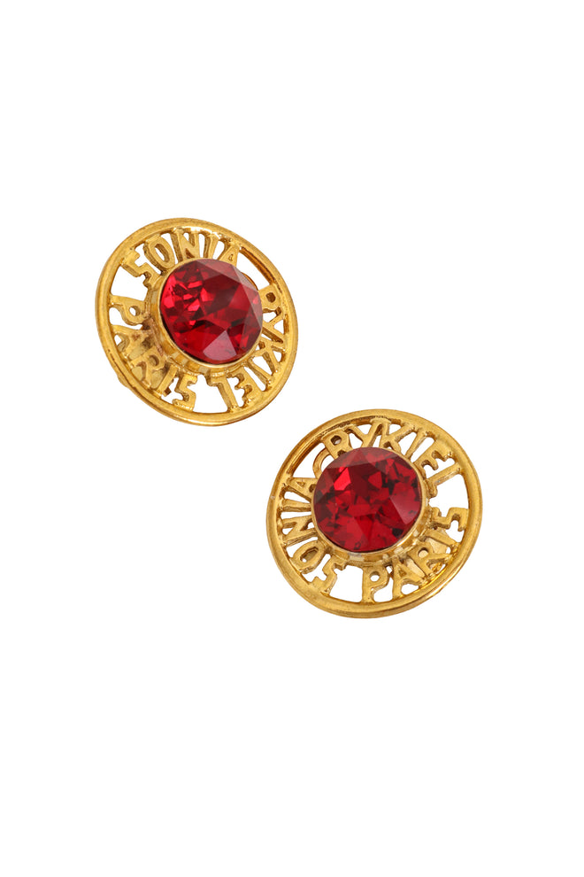 Vintage Sonia Rykiel Crystal Logo Button Earrings close @ Recess LA