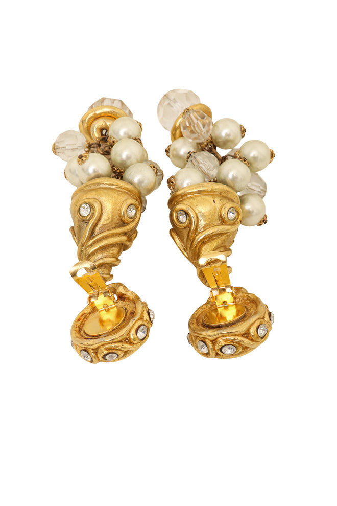 Pearl Bead Drop Conch Earrings downward angle showing clips @ Recess LA 