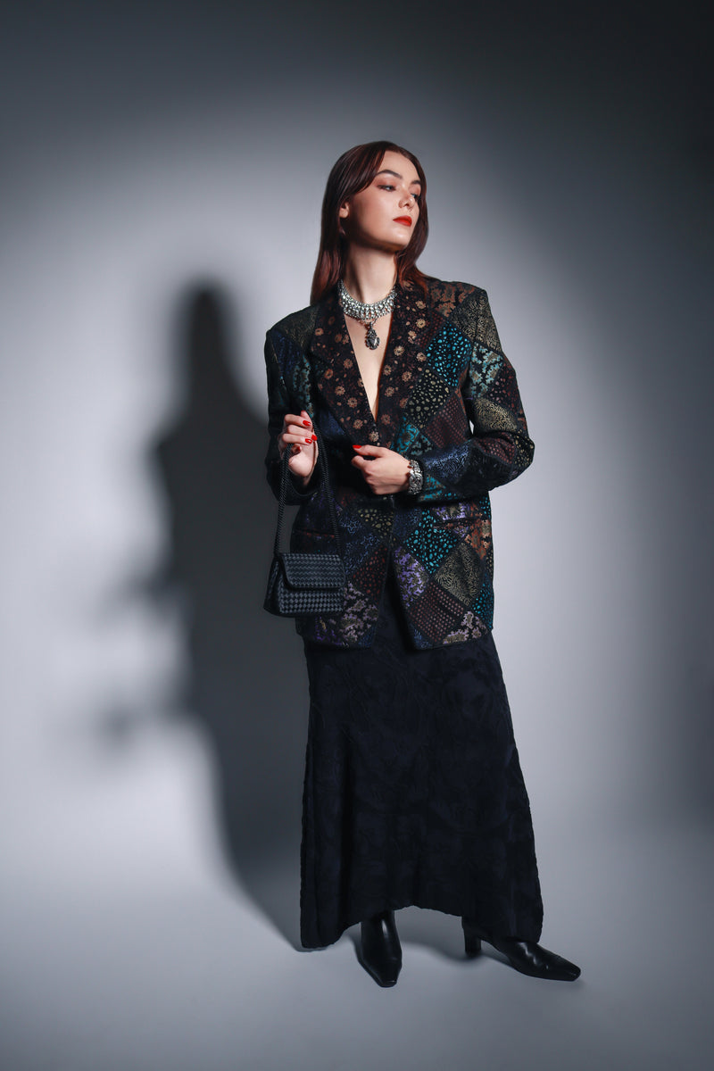 Roberto Cavalli Metallic Patchwork Suede Jacket model @RECESS LA