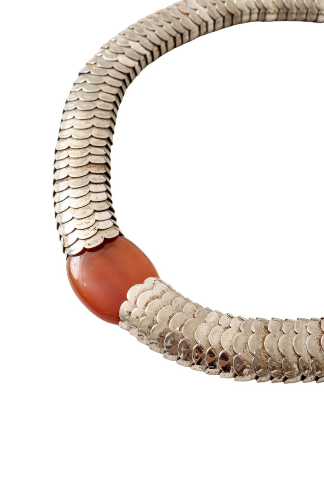 Scaled metal collar necklace close @ Recess LA
