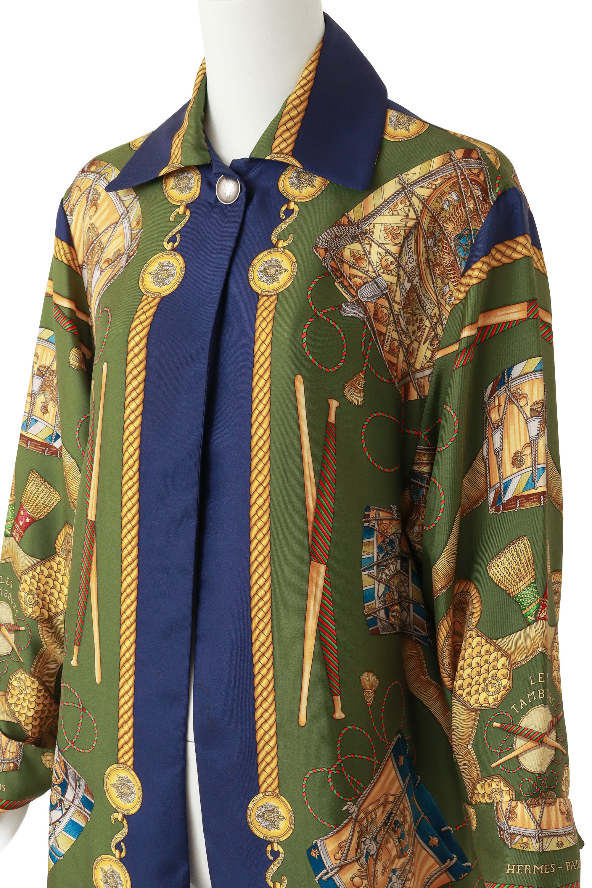 silk drum print blouse by Hermes on mannequin close @ Recess LA