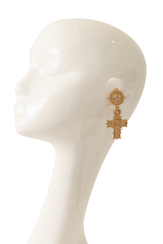 Crystal cross drop earrings on mannequin @ Recess LA 