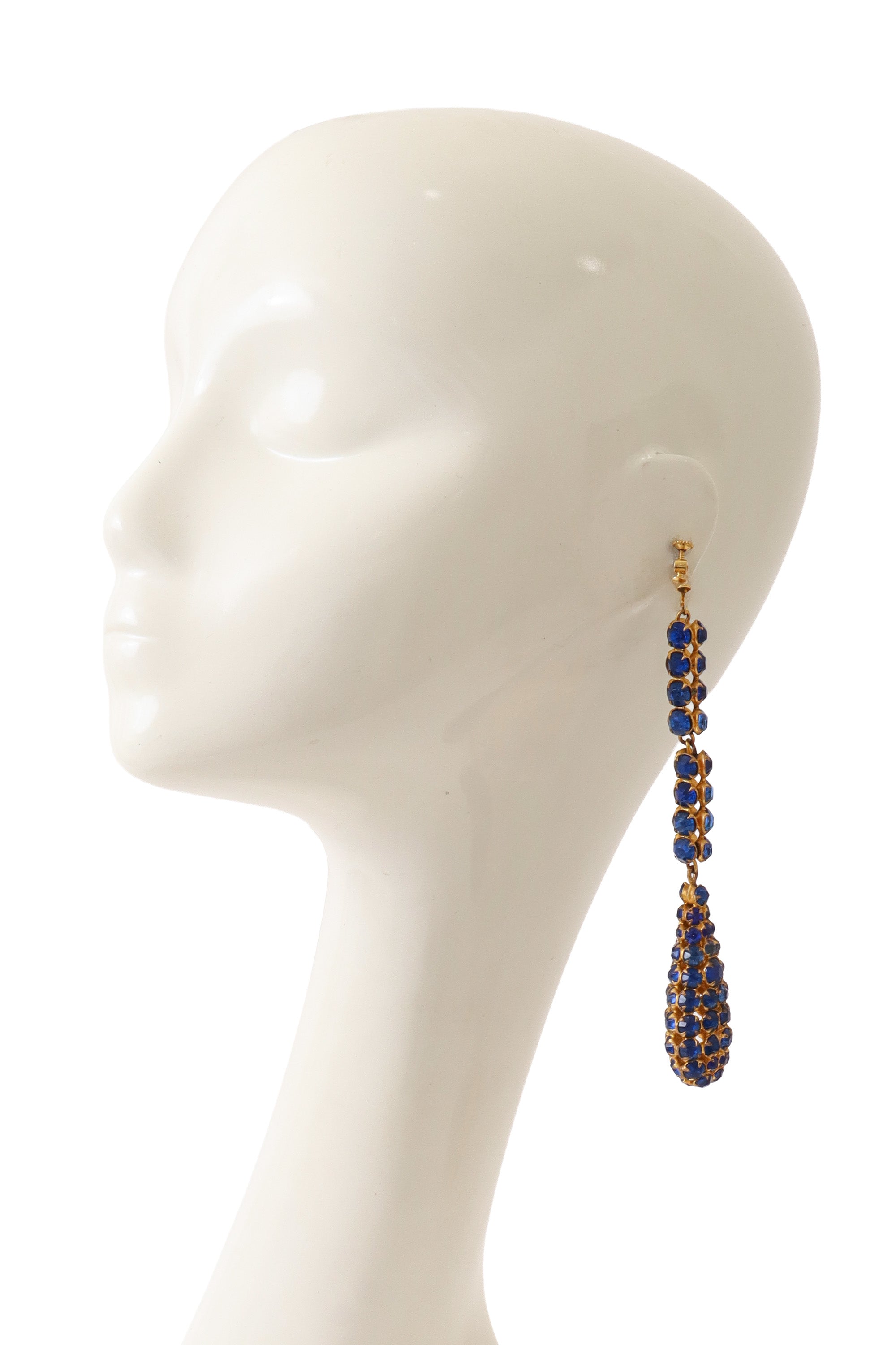Cobalt crystal teardrop earrings on mannequin @ Recess LA