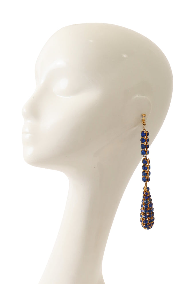 Cobalt crystal teardrop earrings on mannequin @ Recess LA