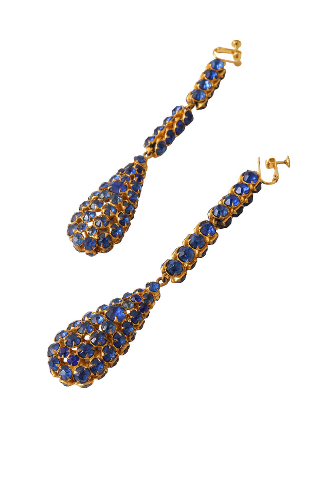 Cobalt crystal teardrop earrings close @ Recess LA