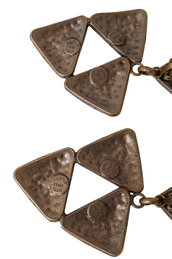 Triangle drop earrings by Premier Etage Paris backside up close signatures @ Recess LA 