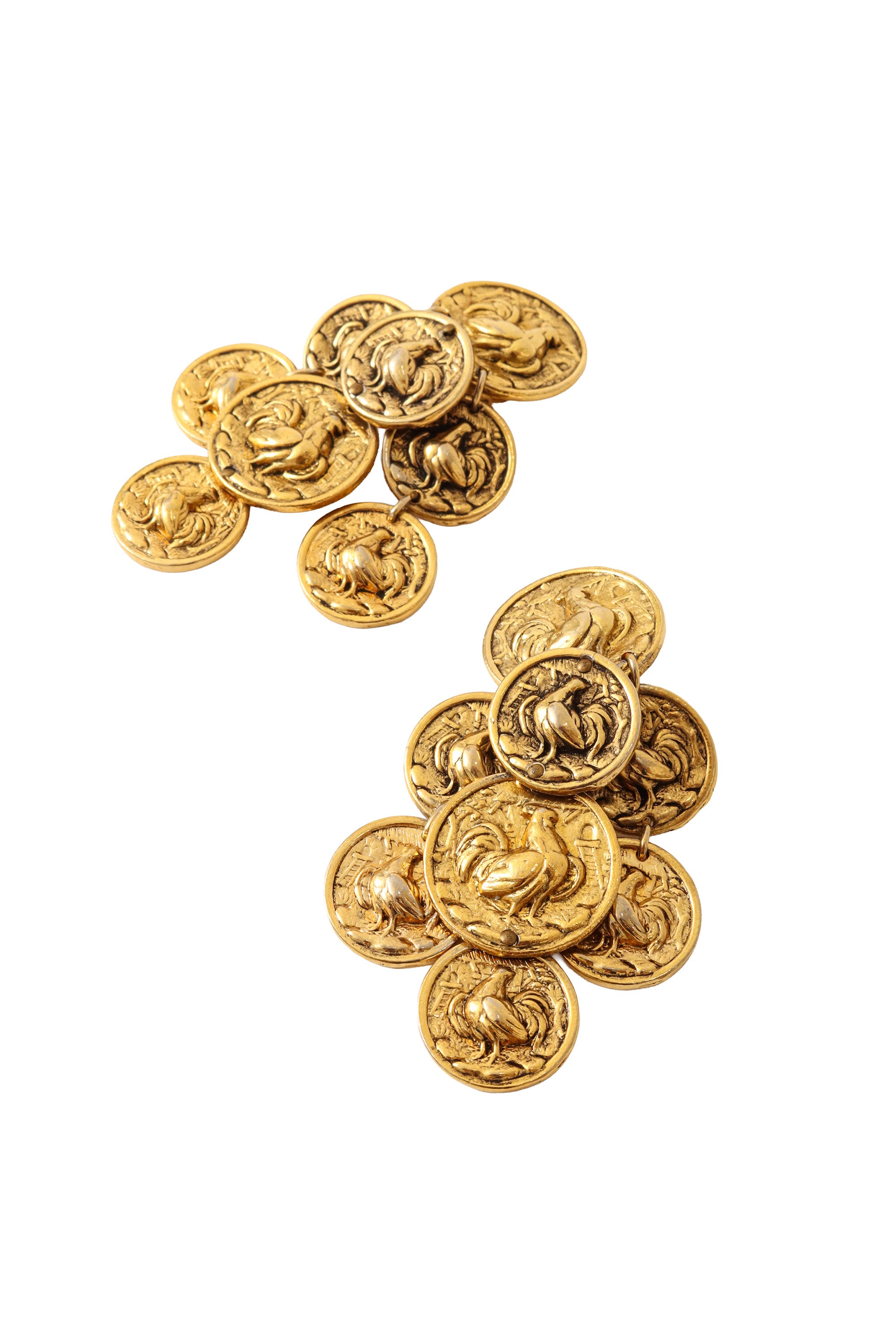 Rooster coin drop earrings flat lay up close @ Recess LA