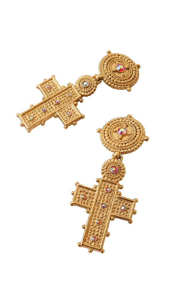 Crystal cross drop earrings up close @ Recess LA 