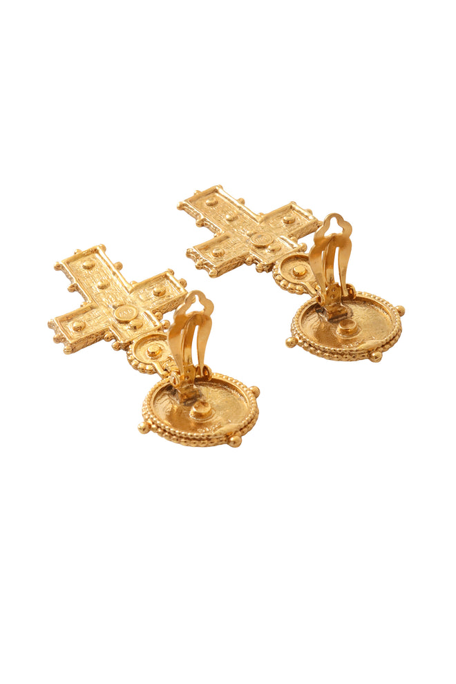 Crystal cross drop earrings backside clips open @ Recess LA 