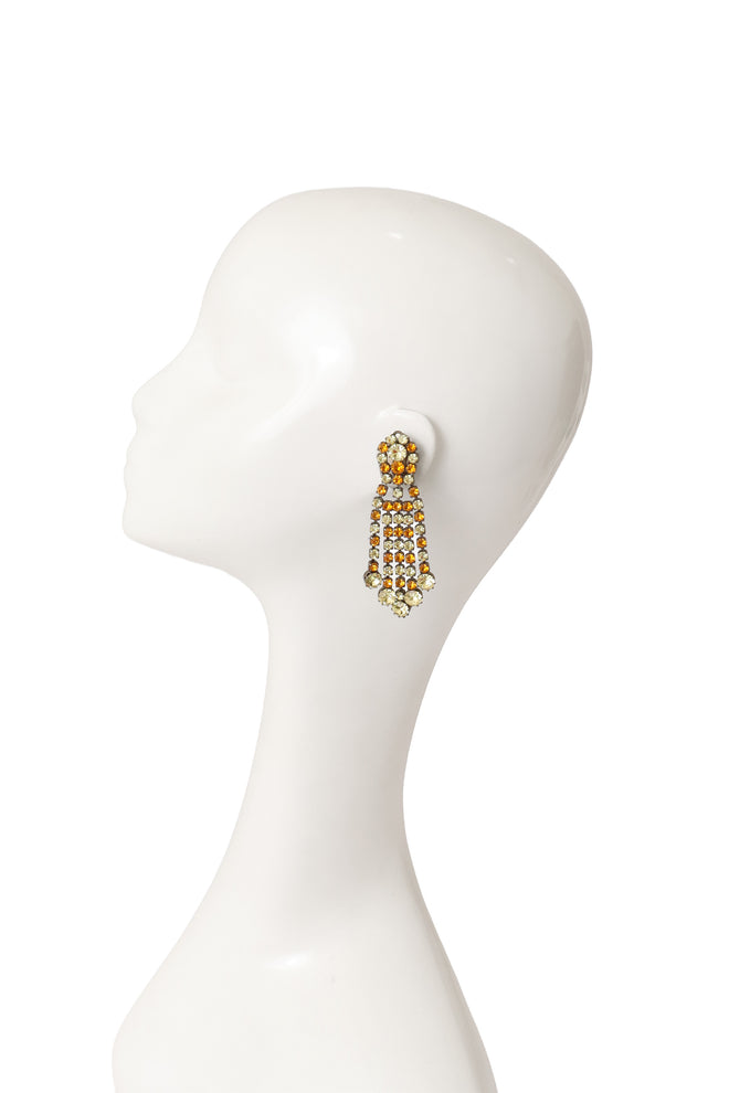 Gunmetal duo-tone crystal fringe V drop earrings on mannequin @ Recess LA 