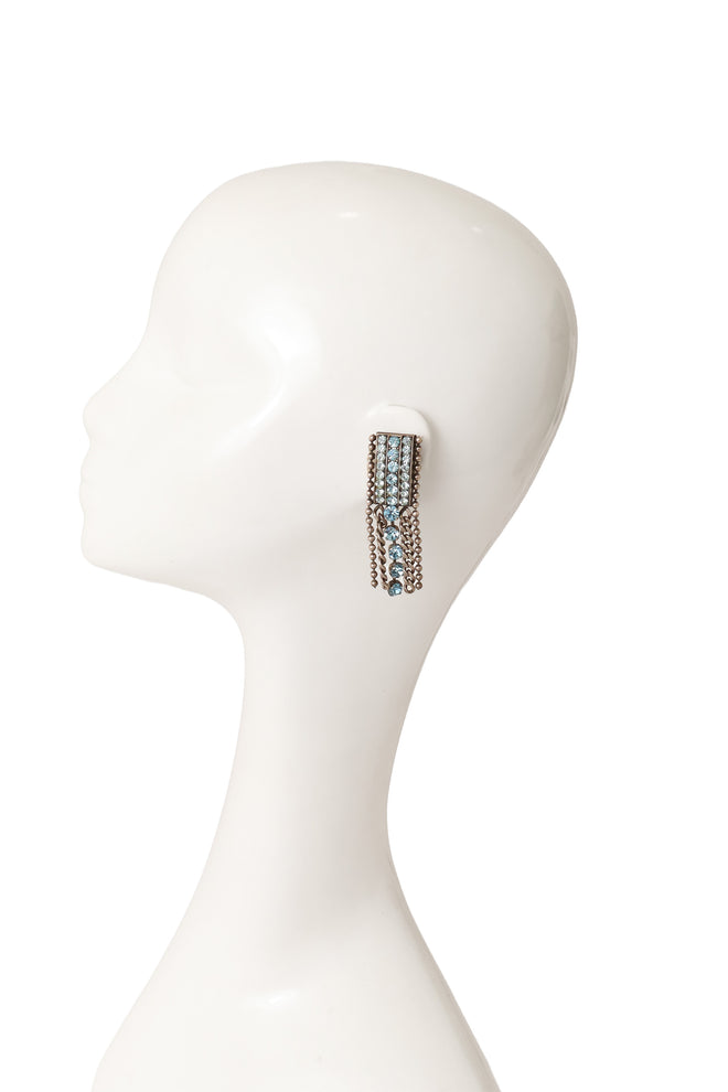 Rectangular blue crystal chain drop earrings on mannequin @ Recess LA 