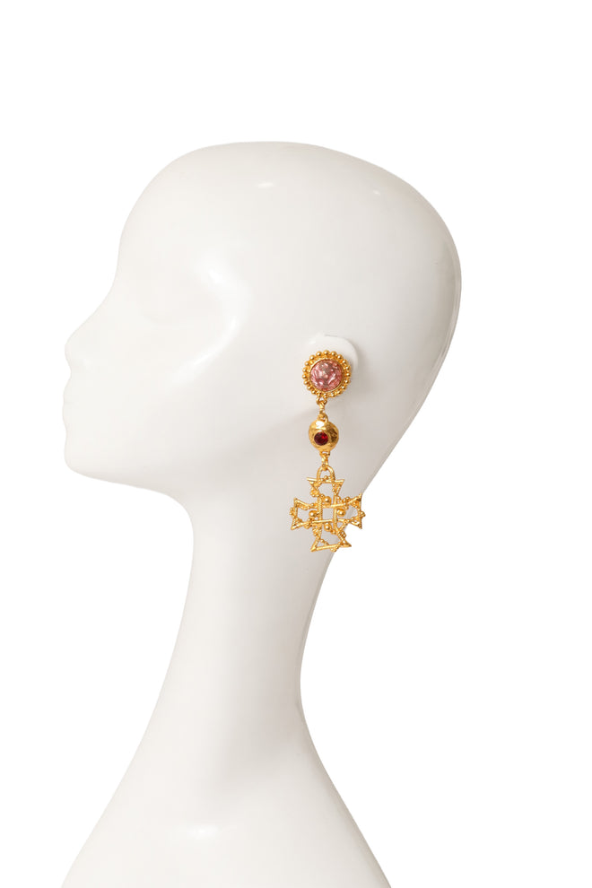 Celtic cross drop earrings by Hannah Bernhard on mannequin @ Recess LA 