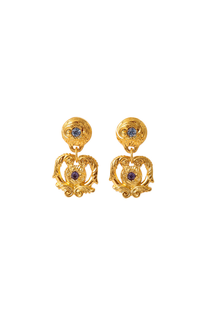 Golden flower filigree lavender crystal earrings by F. Volle @ Recess LA 