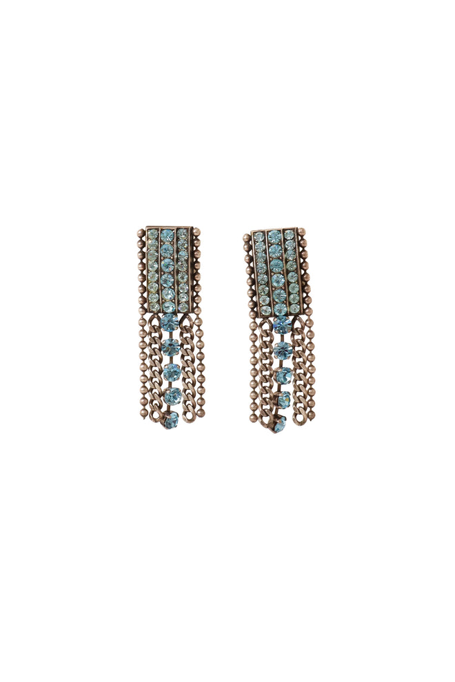 Rectangular blue crystal chain drop earrings @ Recess LA 
