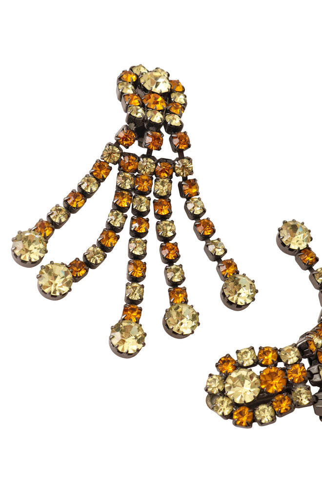 Gunmetal duo-tone crystal fringe V drop earrings up close @ Recess LA 