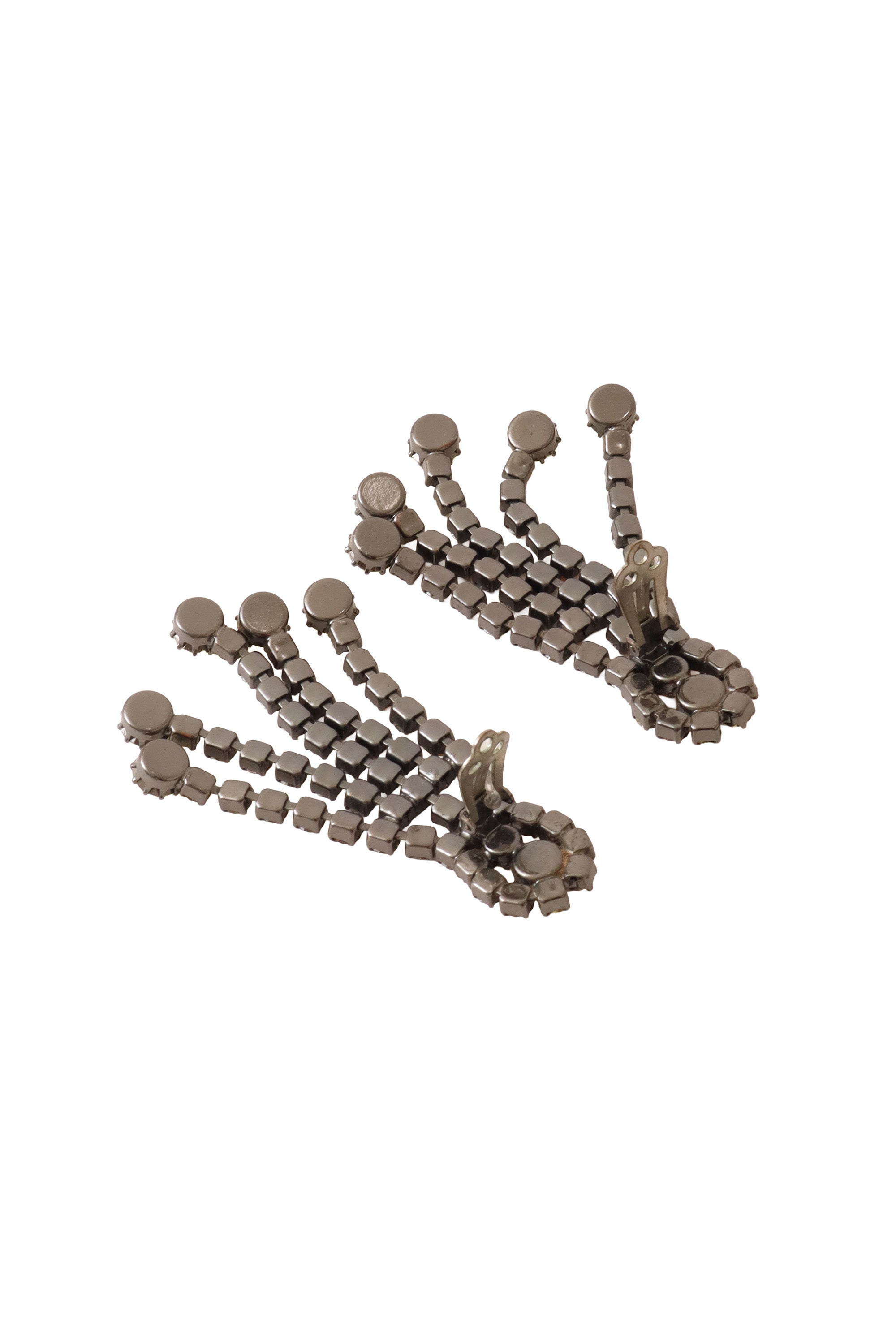 Gunmetal duo-tone crystal fringe V drop earrings backside clips open @ Recess LA 