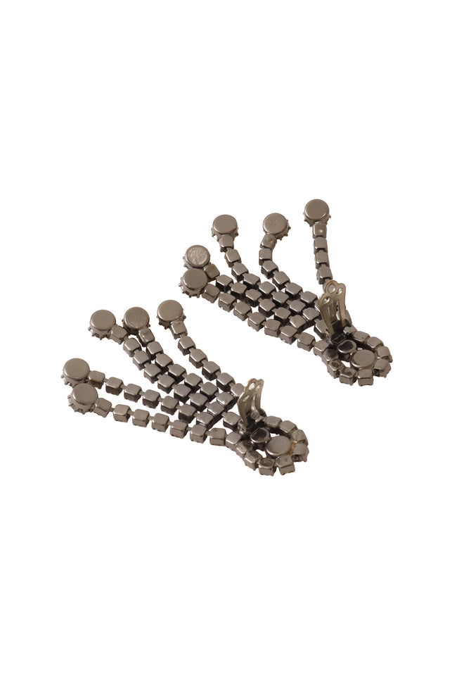 Gunmetal duo-tone crystal fringe V drop earrings backside clips open @ Recess LA 
