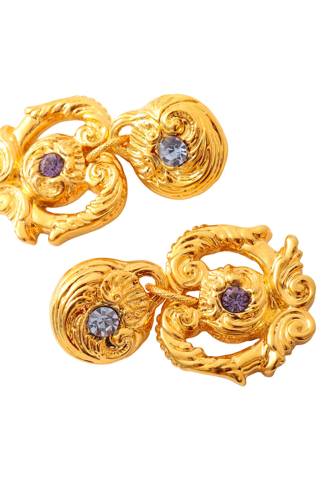 Golden flower filigree lavender crystal earrings by F. Volle flat lay up close @ Recess LA