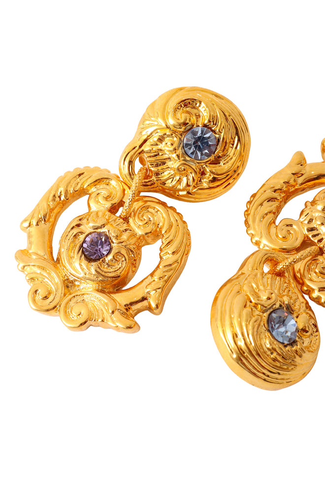 Golden flower filigree lavender crystal earrings by F. Volle up close @ Recess LA 