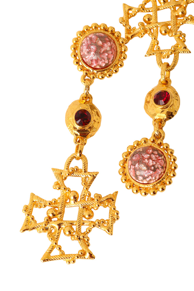 Celtic cross drop earrings by Hannah Bernhard flat lay up close @ Recess LA 