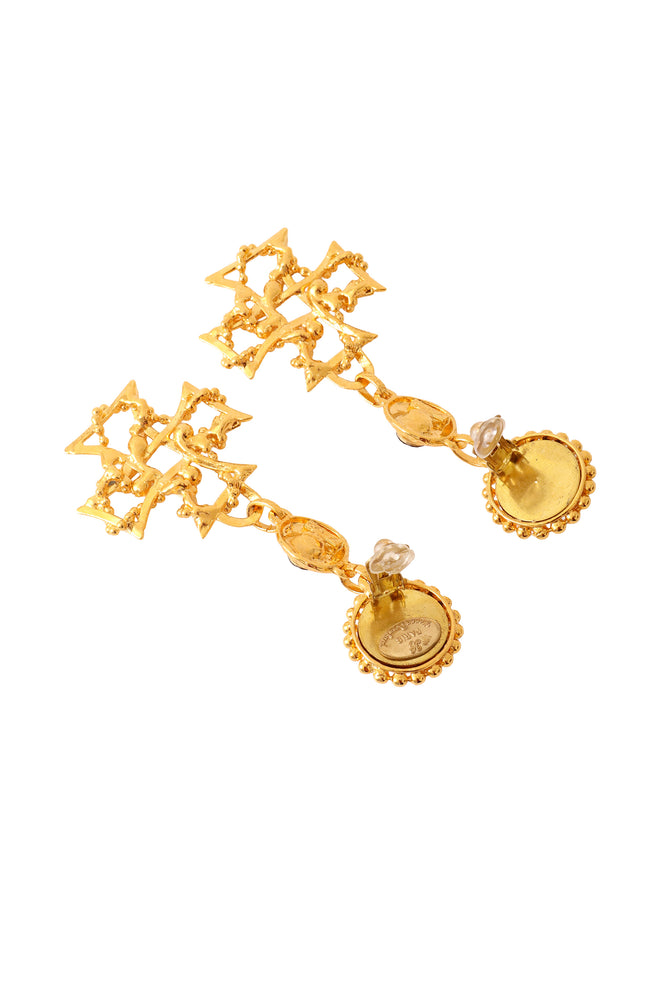 Celtic cross drop earrings by Hannah Bernhard backside clips open @ Recess LA 