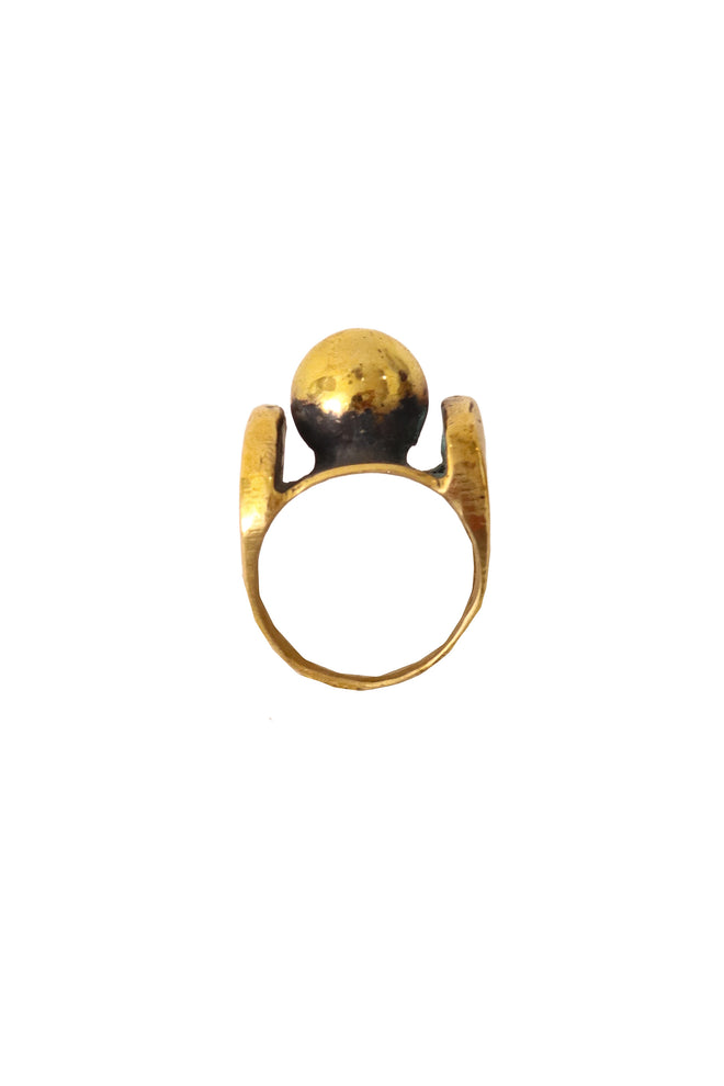 Shiny golden sculptural sphere ring side view @ Recess LA 