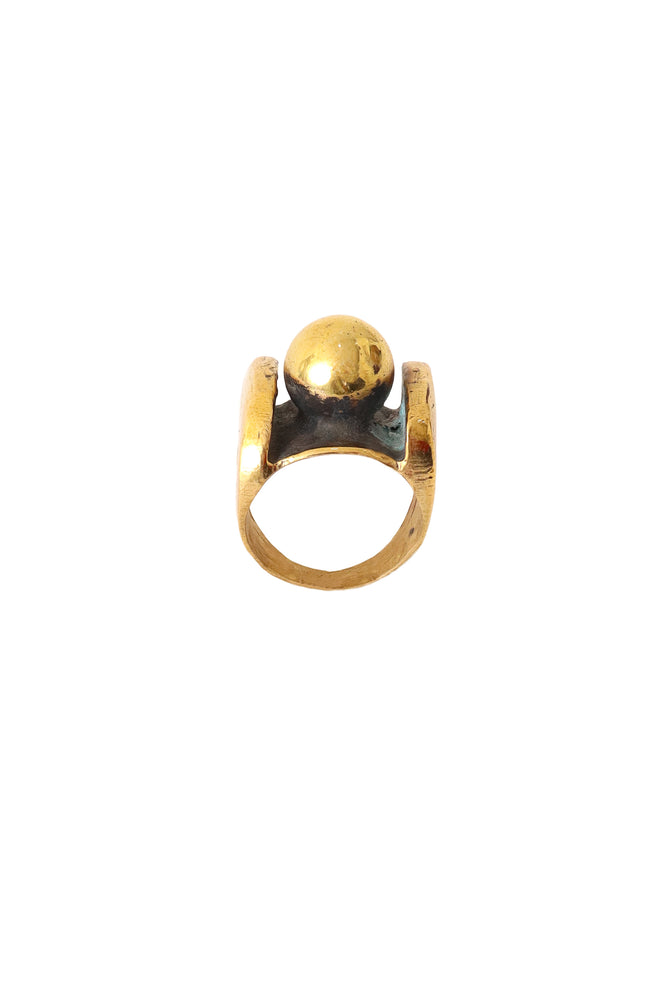Shiny golden sculptural sphere ring top and side angled view @ Recess LA 