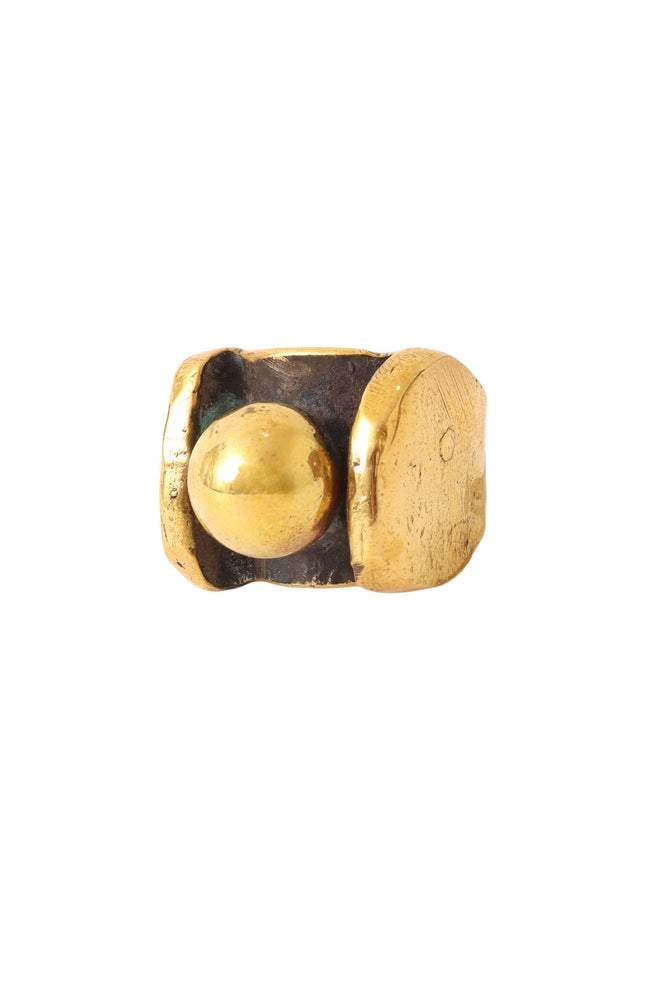 Shiny golden sculptural sphere ring top view @ Recess LA 