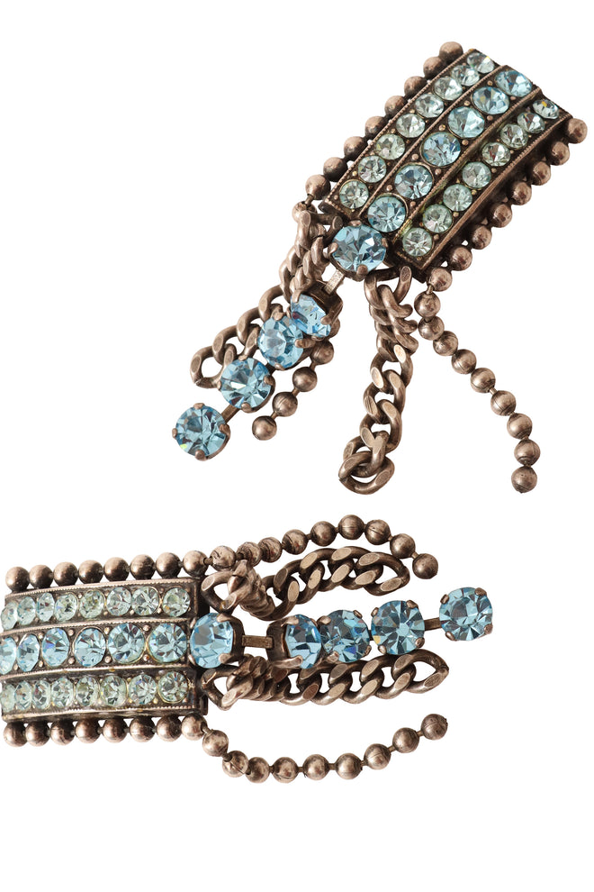 Rectangular blue crystal chain drop earrings flat lay up close @ Recess LA 