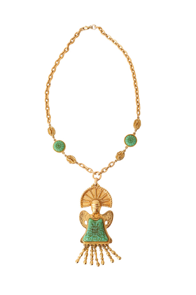 Golden Mayan carved enamel statement necklace @ Recess LA 