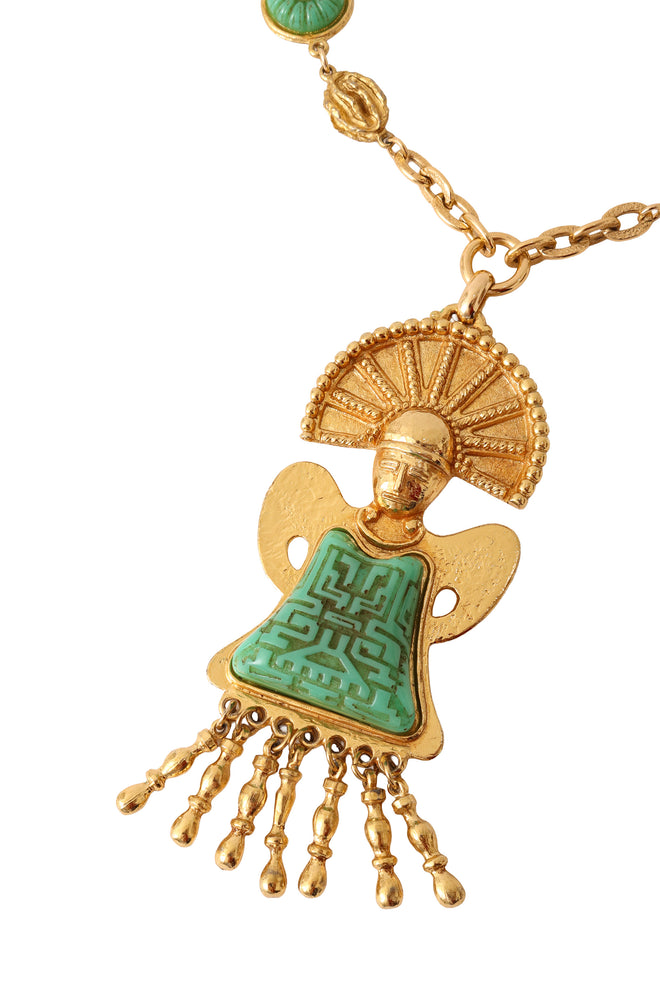 Golden Mayan carved enamel statement necklace motif up close @ Recess LA 