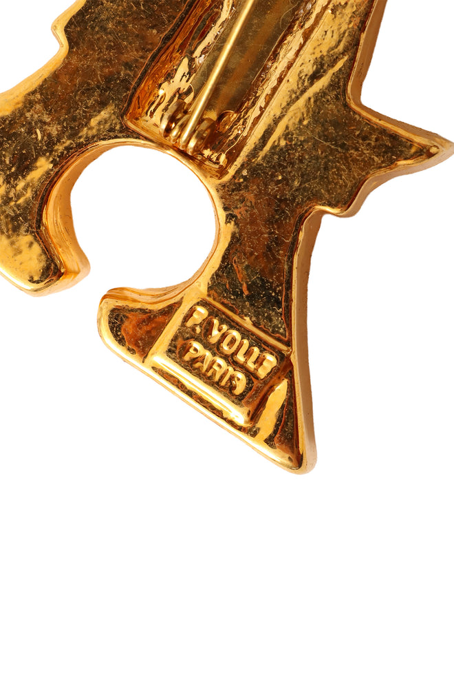 Eiffel Tower brooch with sculptural geometric detailing by F. Volle signature up close @ Recess LA 