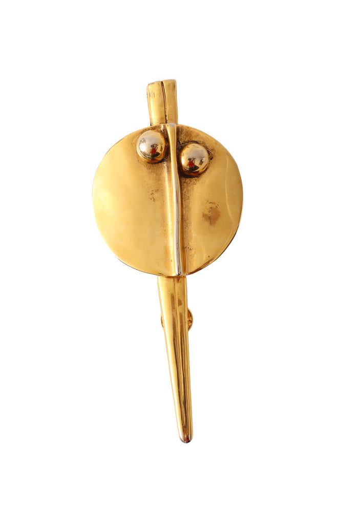 Golden abstract dagger plate pin by Sidney Cannon @ Recess LA 