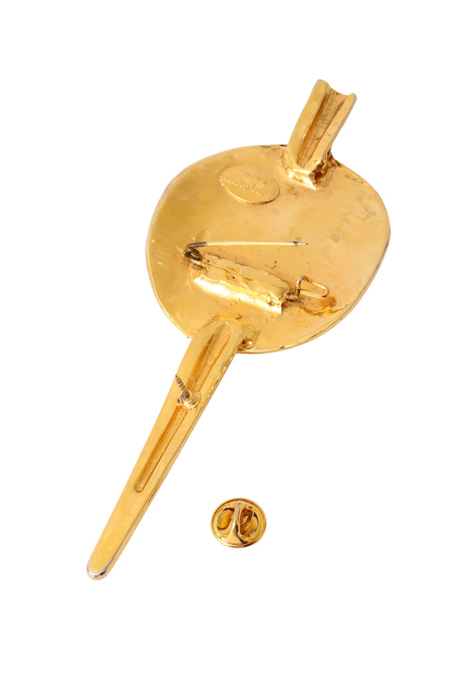 Golden abstract dagger plate pin by Sidney Cannon backside pins @ Recess LA 