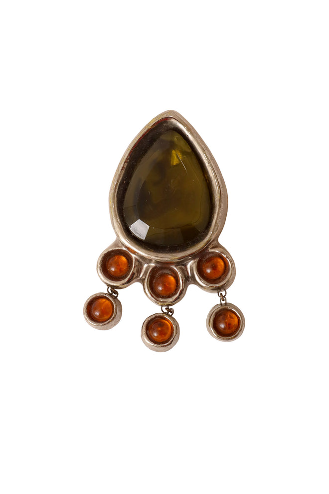 Crystal teardrop cabochon dangle brooch by Manon @ Recess LA 