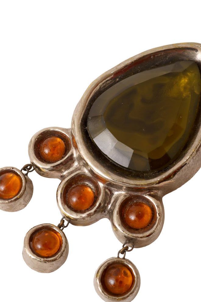Crystal teardrop cabochon dangle brooch by Manon up close @ Recess LA 