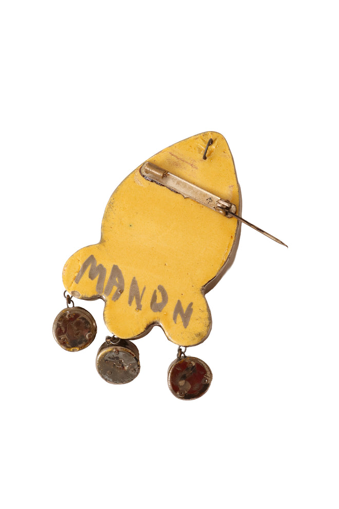 Crystal teardrop cabochon dangle brooch by Manon backside pin open @ Recess LA 